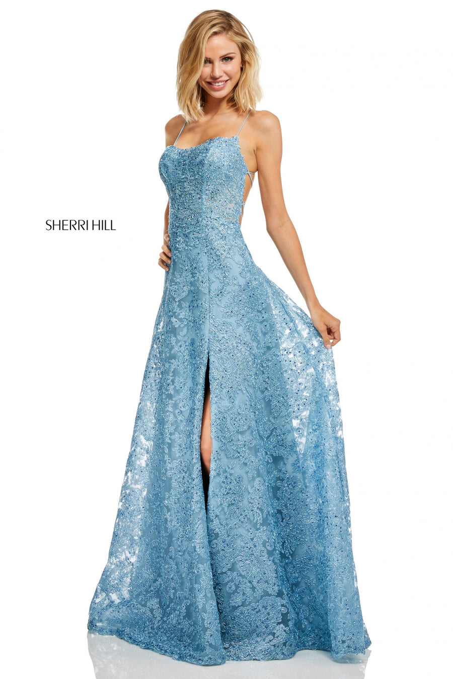 Sherri Hill style 52646 in ivory, Beaded Metallic Lace A-Line Skirt Slit