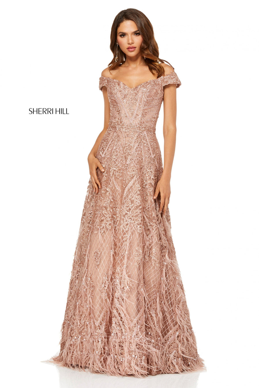 Sherri Hill style 52650 in silver, Feathers at Skirt