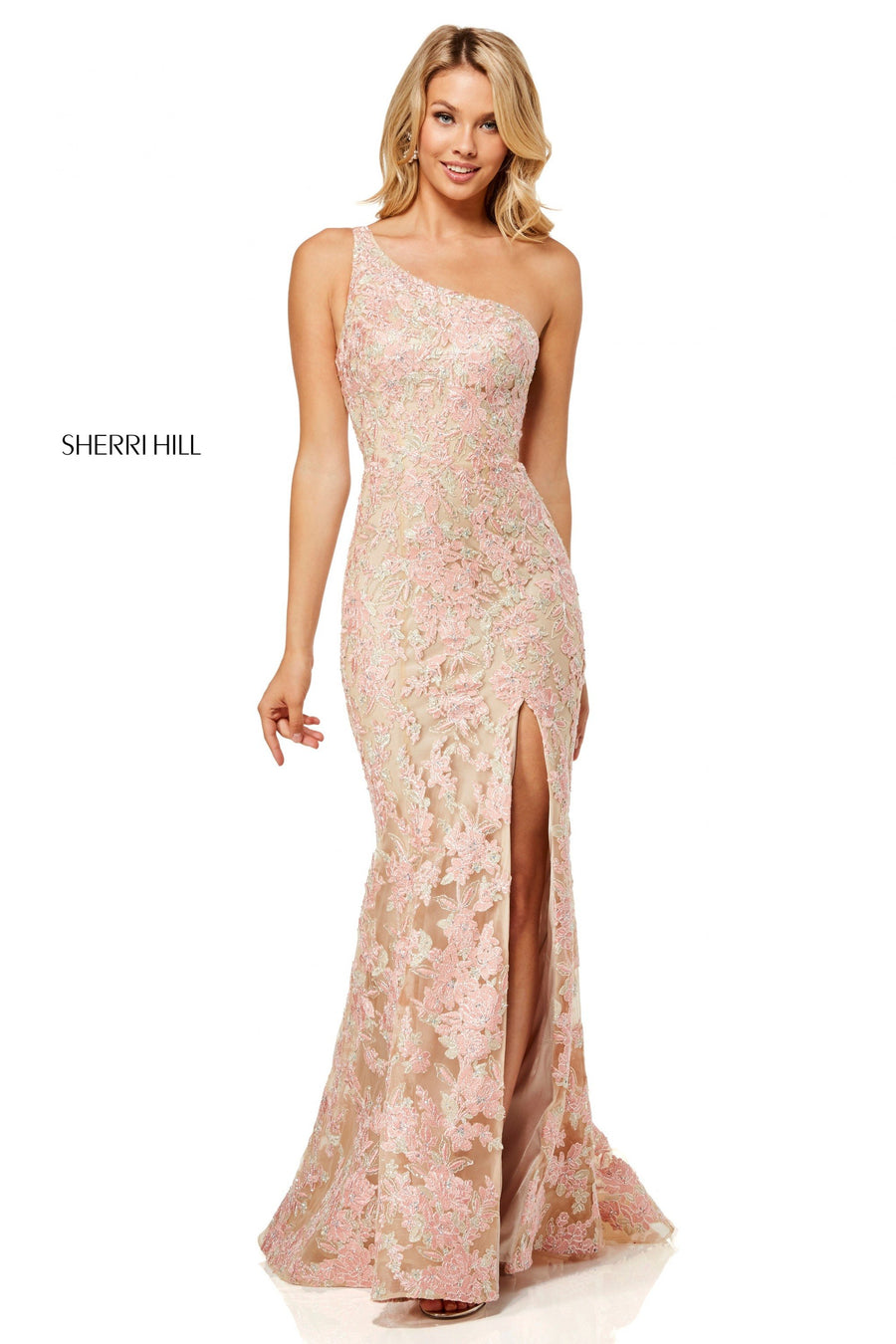 Sherri Hill style 52654 in nude/peach, Embroidered One-Shoulder Dress