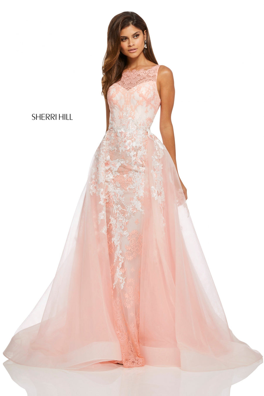 Sherri Hill style 52660 in coral, Lace Appliqued Dress