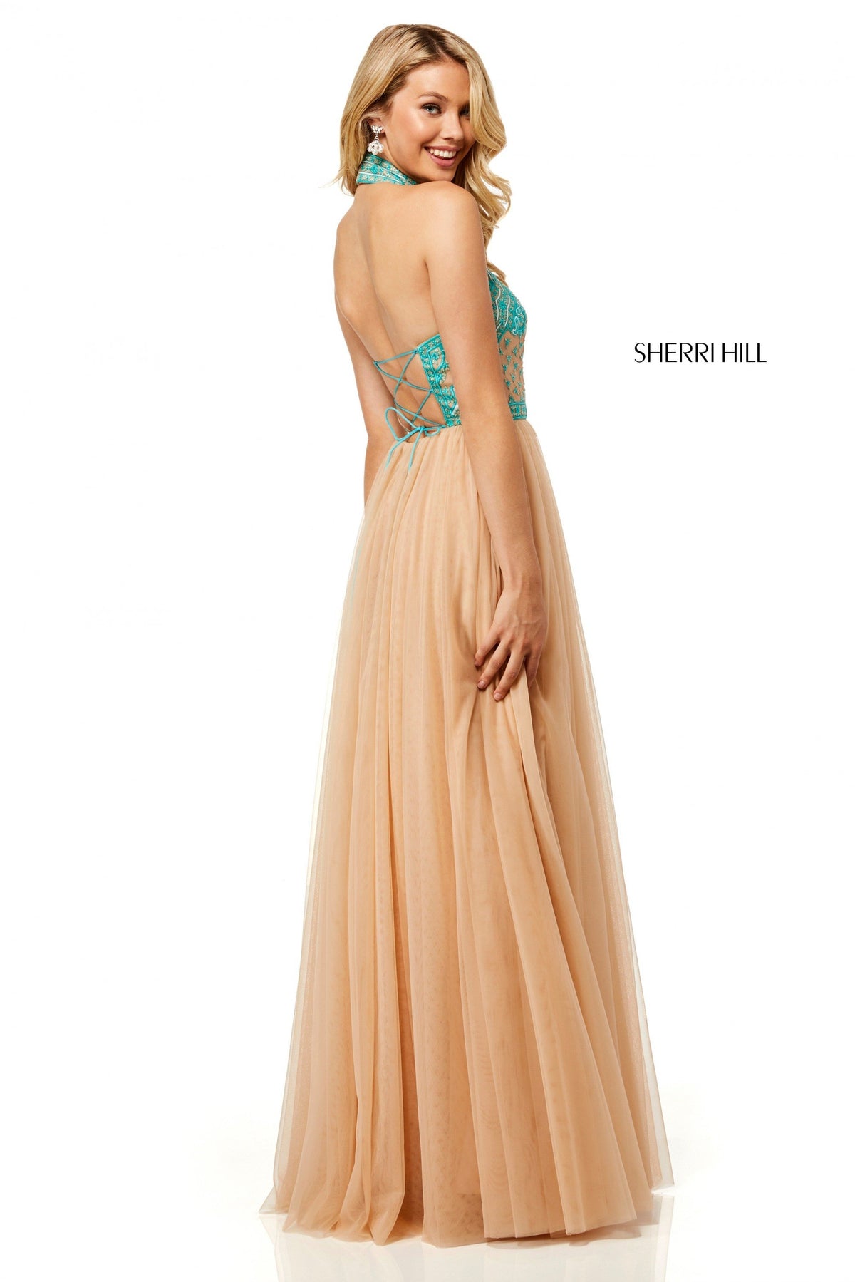 Sherri Hill 52662 halter neck bodice with tulle skirt