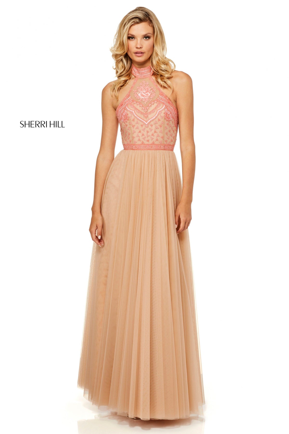 Sherri Hill 52662 halter neck bodice with tulle skirt in nude/coral