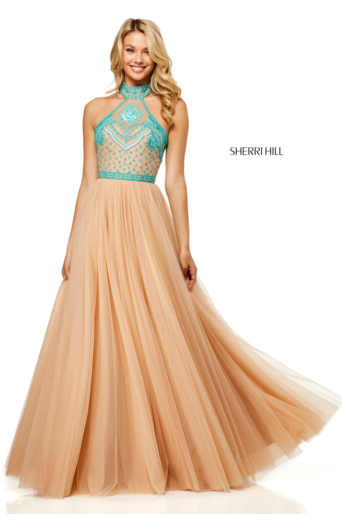 Sherri Hill 52662 halter neck bodice with tulle skirt