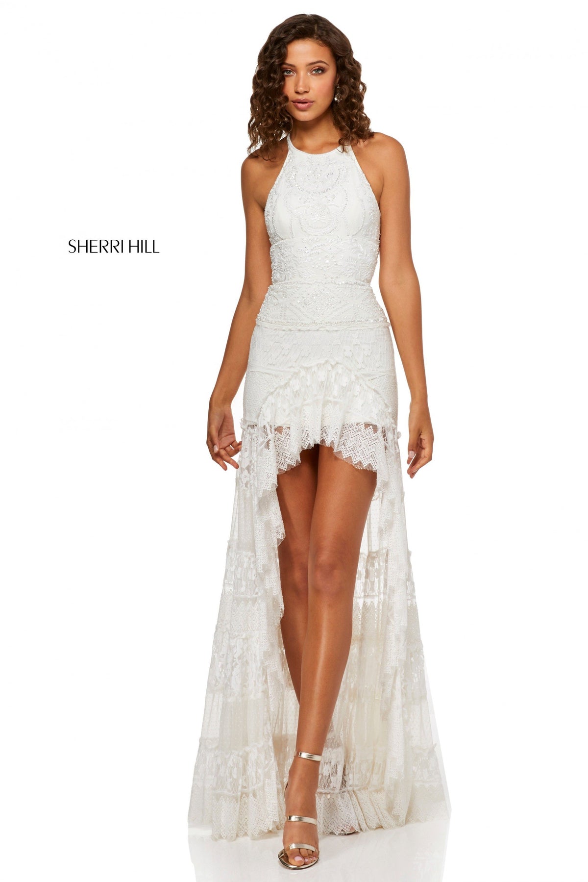 Sherri Hill 52663 lace halter neck high-low sheer skirt in ivory