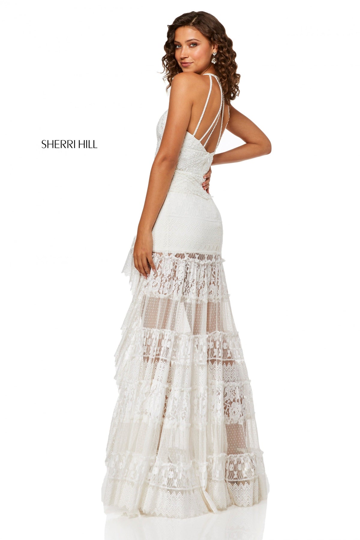 Sherri Hill 52663 lace halter neck high-low sheer skirt