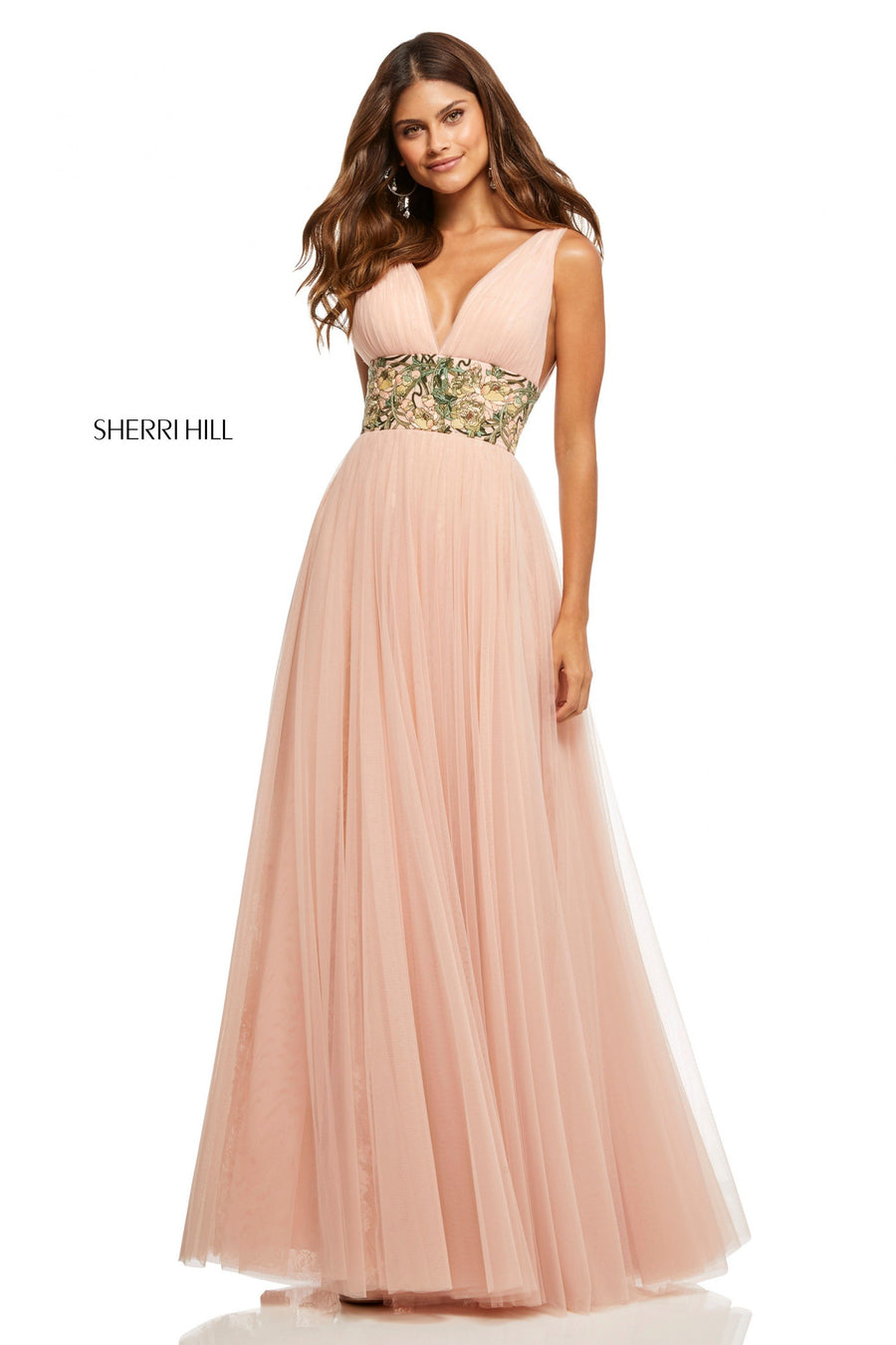 Sherri Hill style 52670 in blush/multi, Ruched Tulle and Lace A-Line Gown