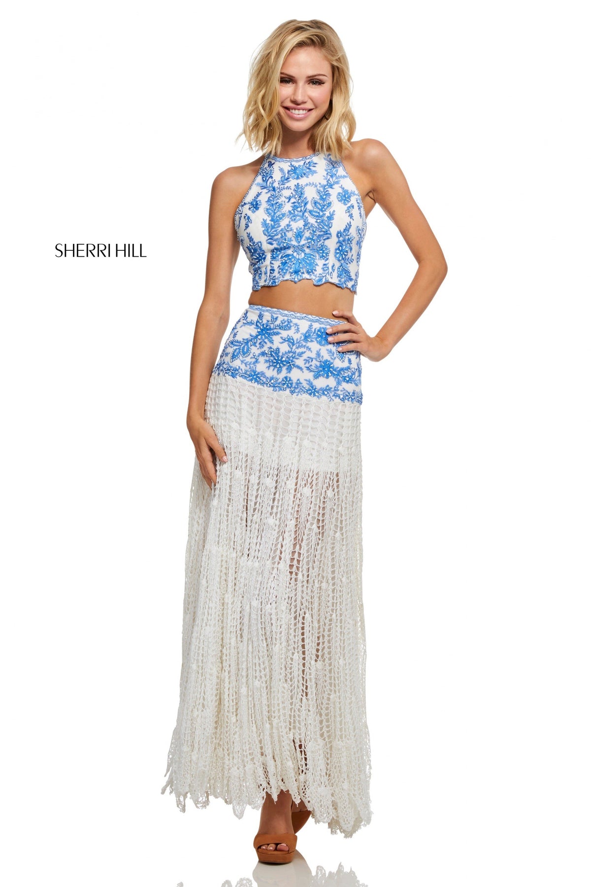 Sherri Hill 52671 two-piece hand crocheted skirt