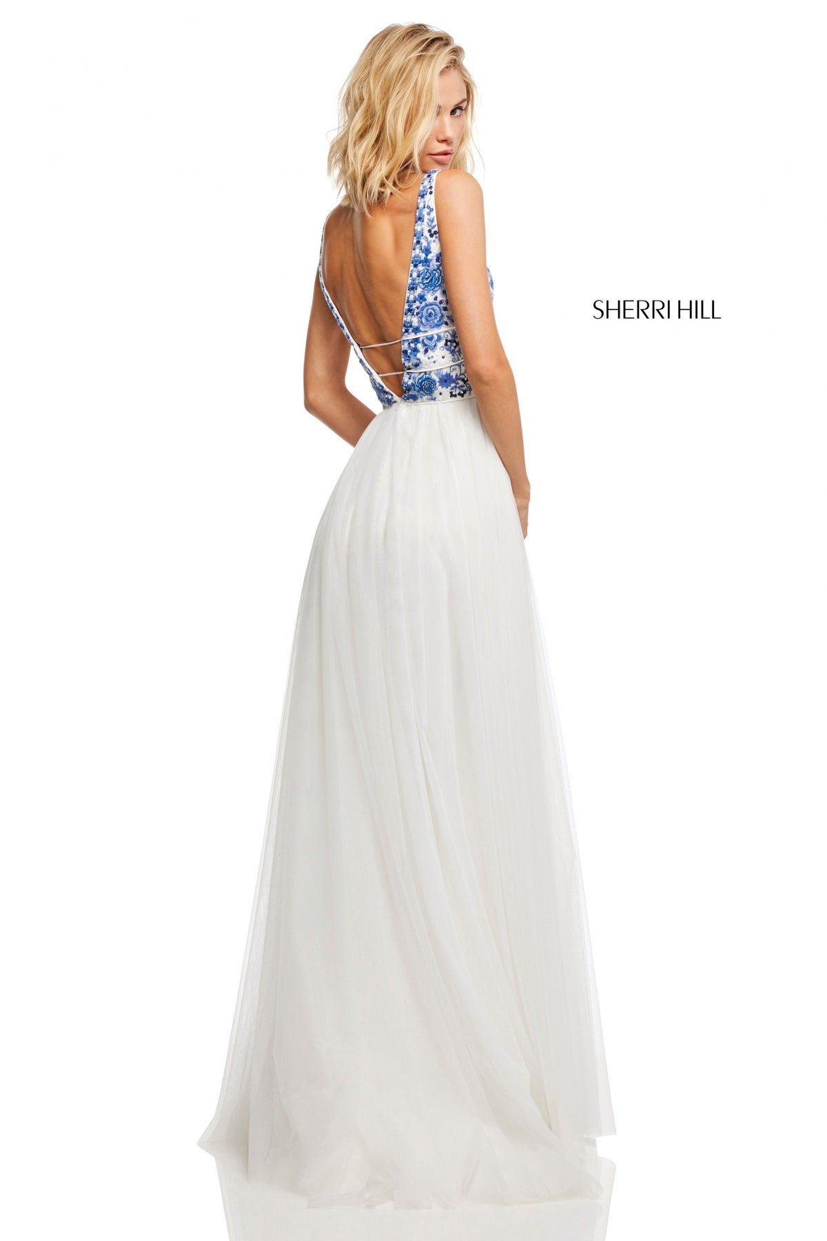 Sherri Hill 52672 neckline bodice with chiffon skirt