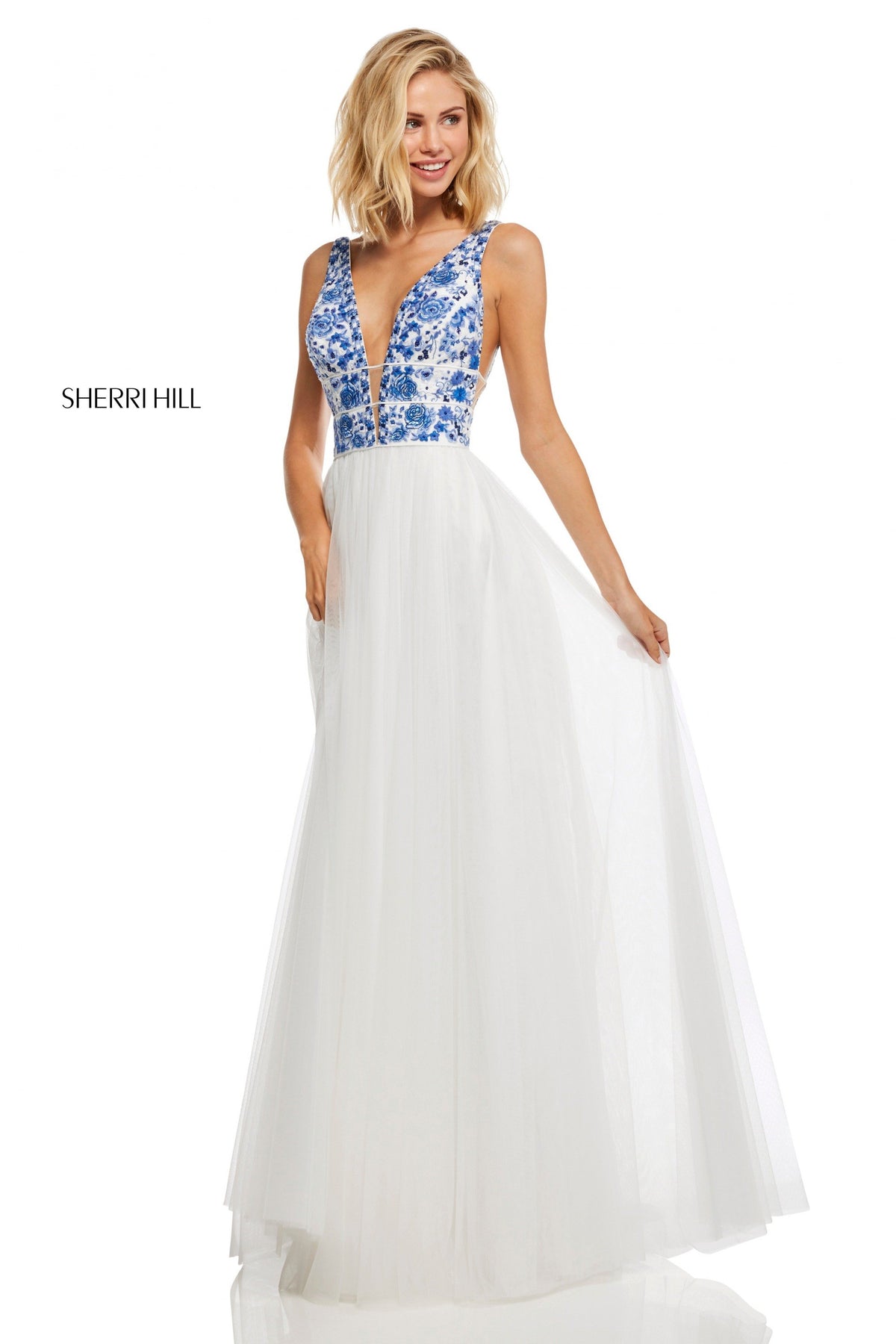 Sherri Hill 52672 neckline bodice with chiffon skirt in ivory/blue