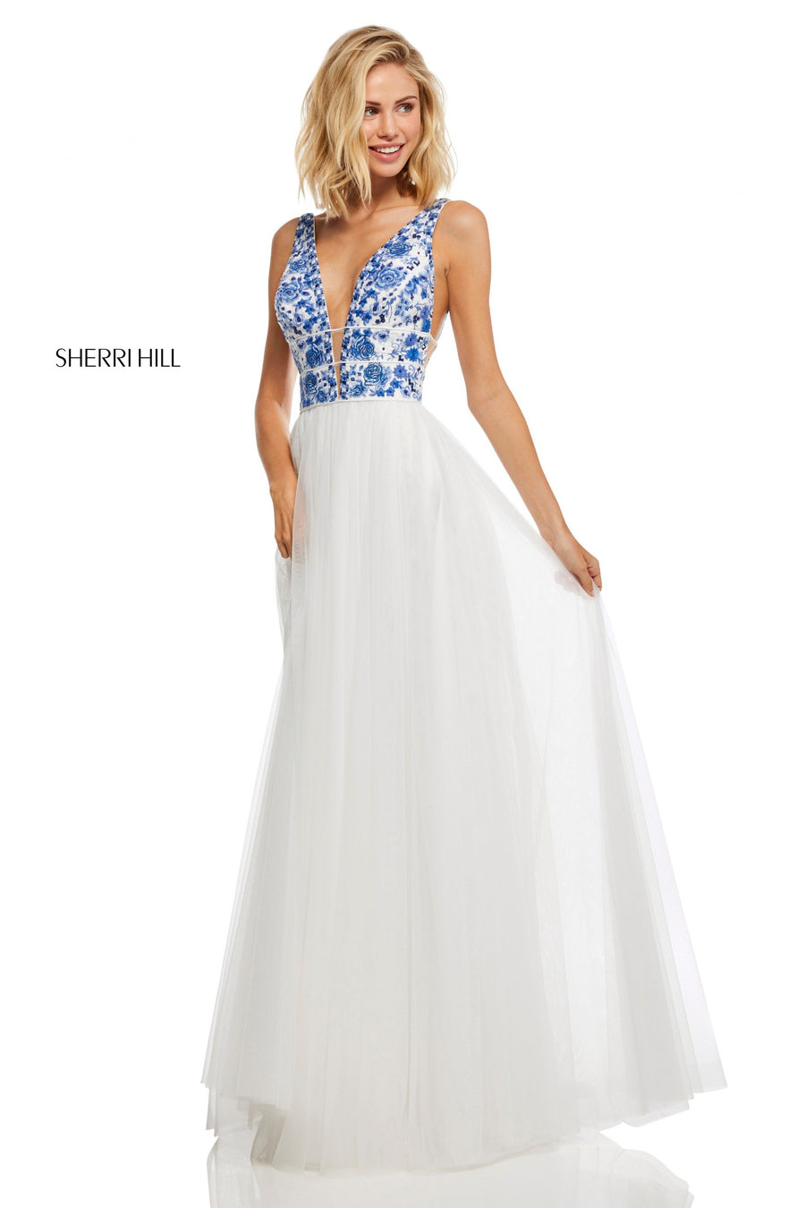 Sherri Hill style 52672 in ivory/coral, Neckline Bodice with Chiffon Skirt