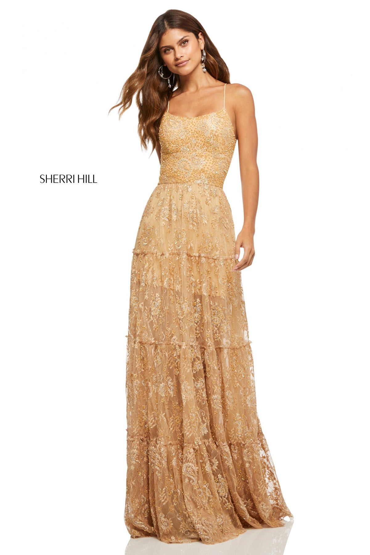Sherri Hill 52675 sequin lace A-line gown in gold