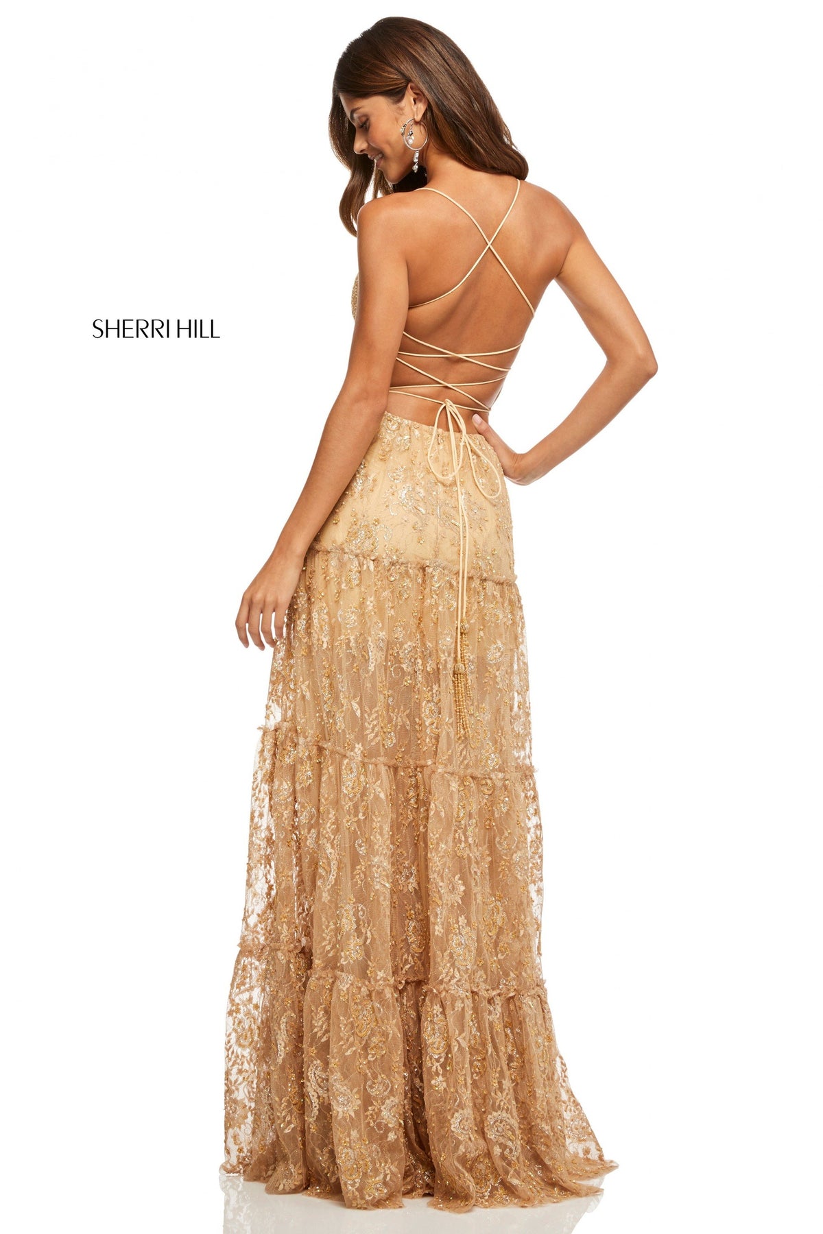 Sherri Hill 52675 sequin lace A-line gown in gold