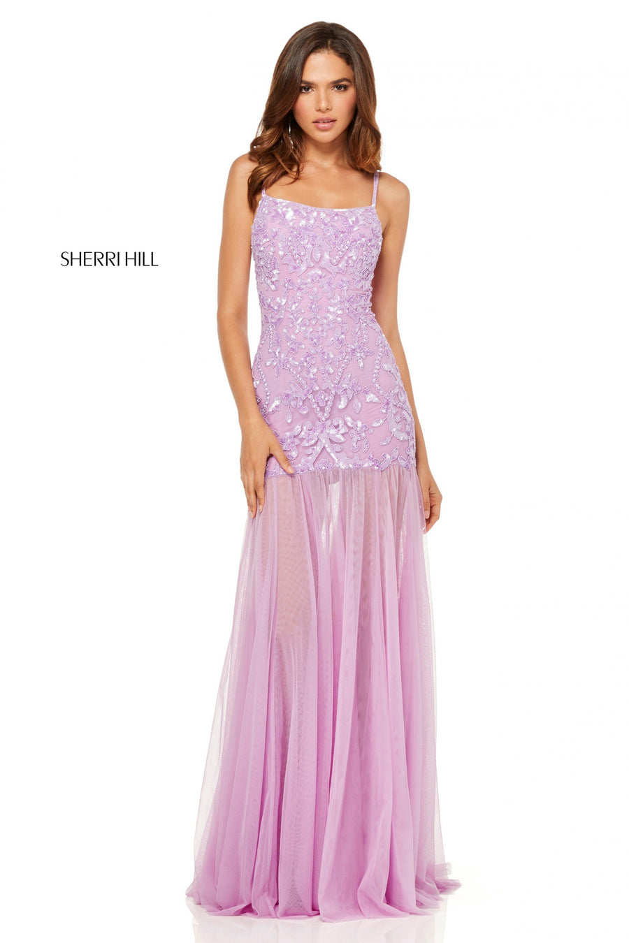 Sherri Hill style 52677 in lilac, Sequin Embroidered Bodice with Sheer Skirt