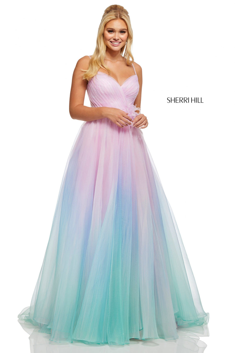 Sherri Hill style 52703 in pink/green, Textured Ombre Organza Ball Gown