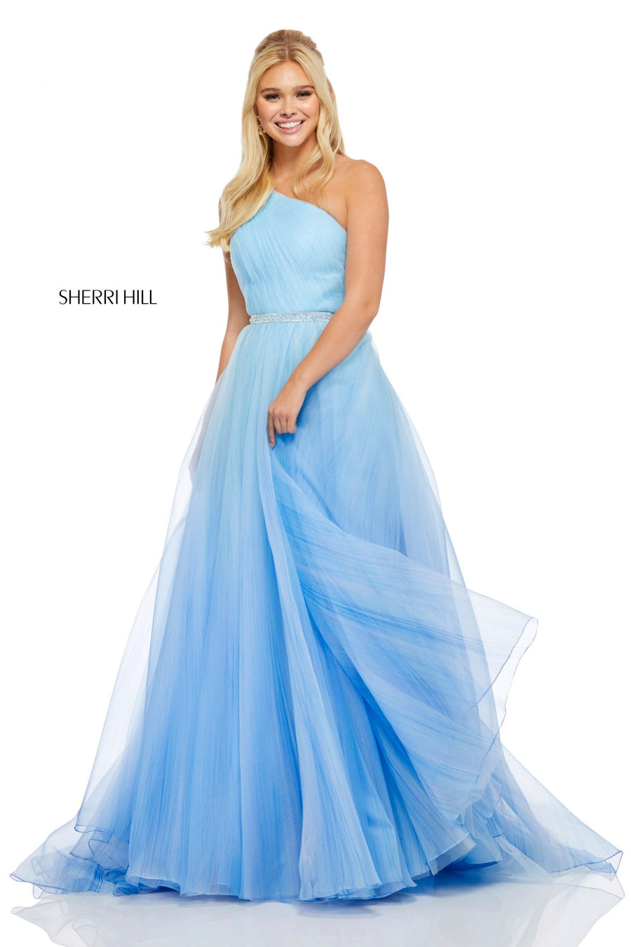 Sherri Hill style 52706 in blue, Textured Ombre Organza Ball Gown