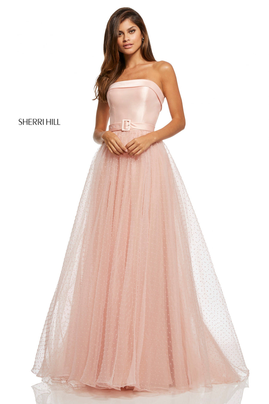 Sherri Hill style 52709 in blush, Bodice with Point Desprit A-Line Skirt