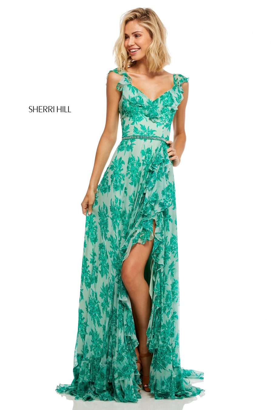 Sherri Hill style 52713 in green print, Floral Print Chiffon Dress