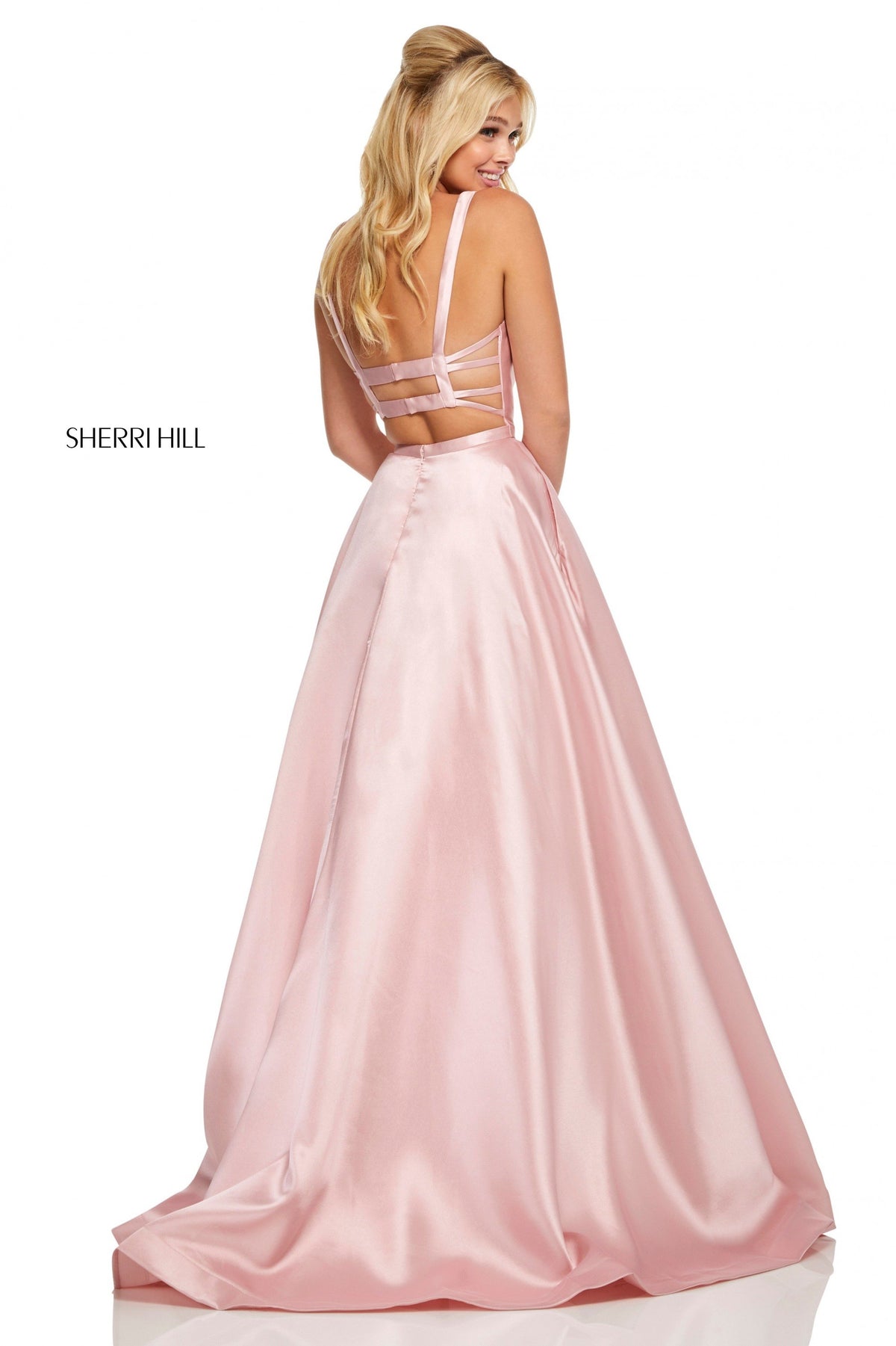 Sherri Hill 52715 satin A-line gown with pockets in blush