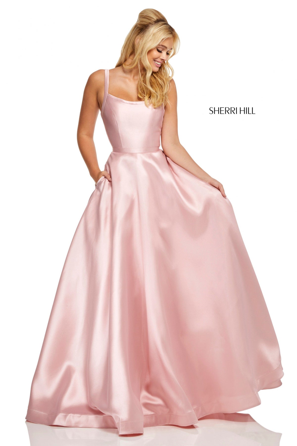 Sherri Hill 52715 satin A-line gown with pockets