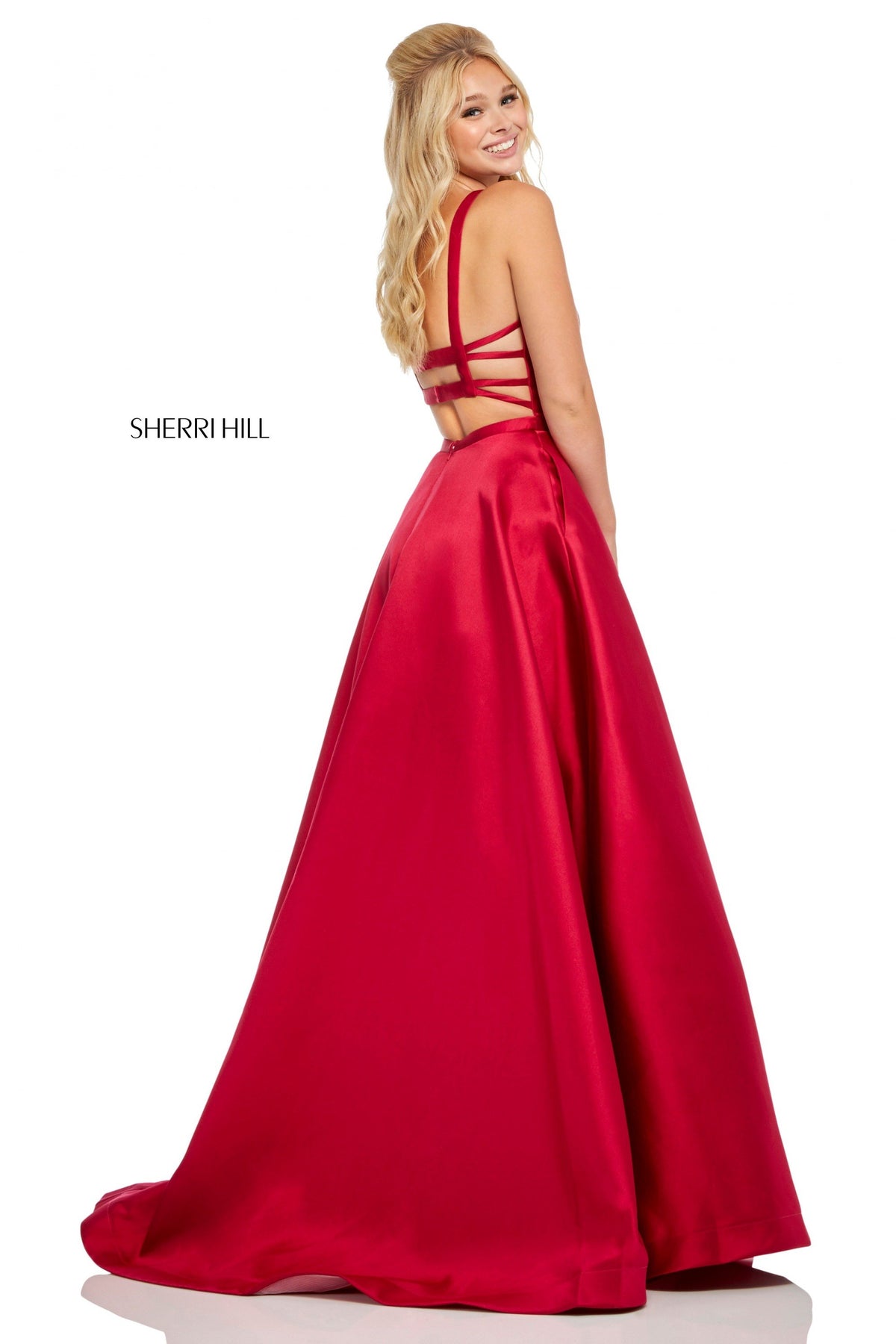 Sherri Hill 52715 satin A-line gown with pockets in red