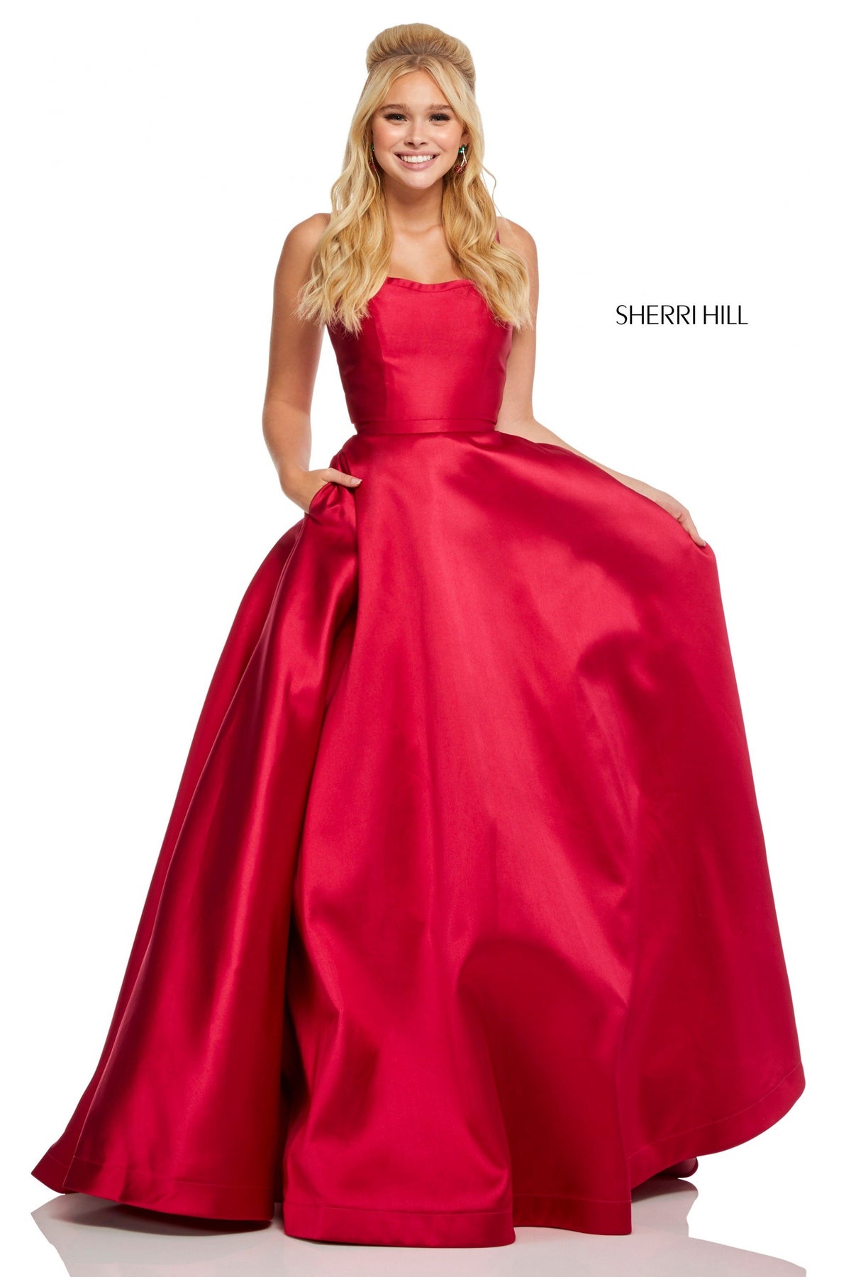 Sherri Hill 52715 satin A-line gown with pockets
