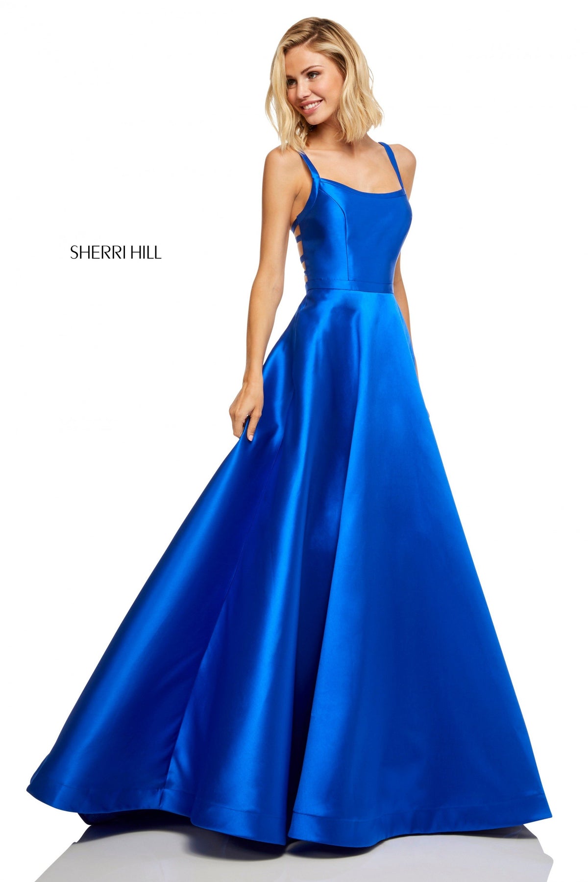 Sherri Hill 52715 satin A-line gown with pockets in royal