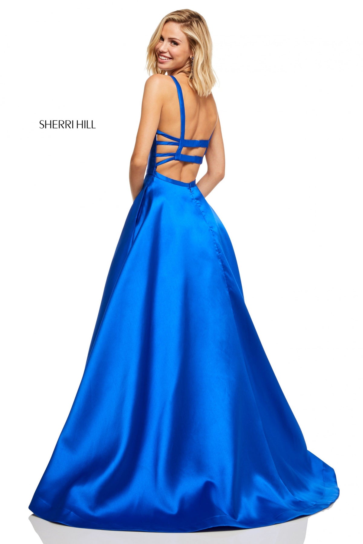 Sherri Hill 52715 satin A-line gown with pockets