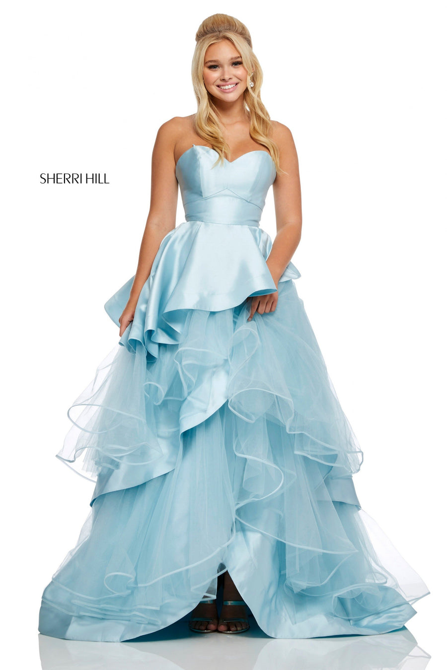Sherri Hill style 52718 in light blue, Layered Satin and Tulle Ball Gown