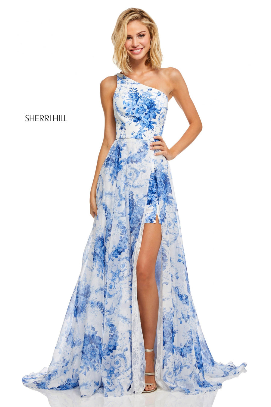 Sherri Hill style 52728 in ivory/blue print, Chiffon Ivory Blue Print Dress