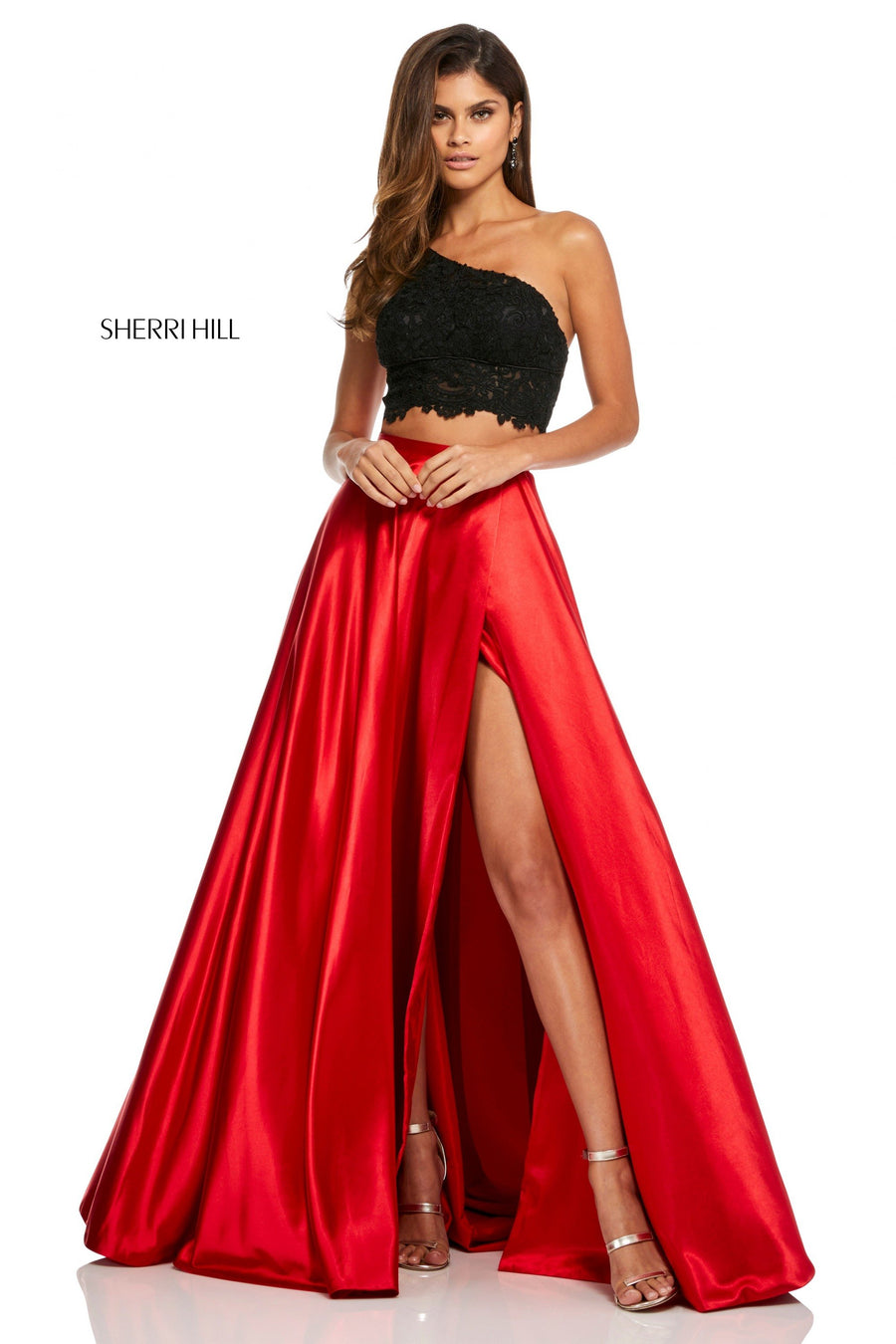 Sherri Hill style 52730 in red, Two-Piece A-Line Charmeuse Skirt with Slit