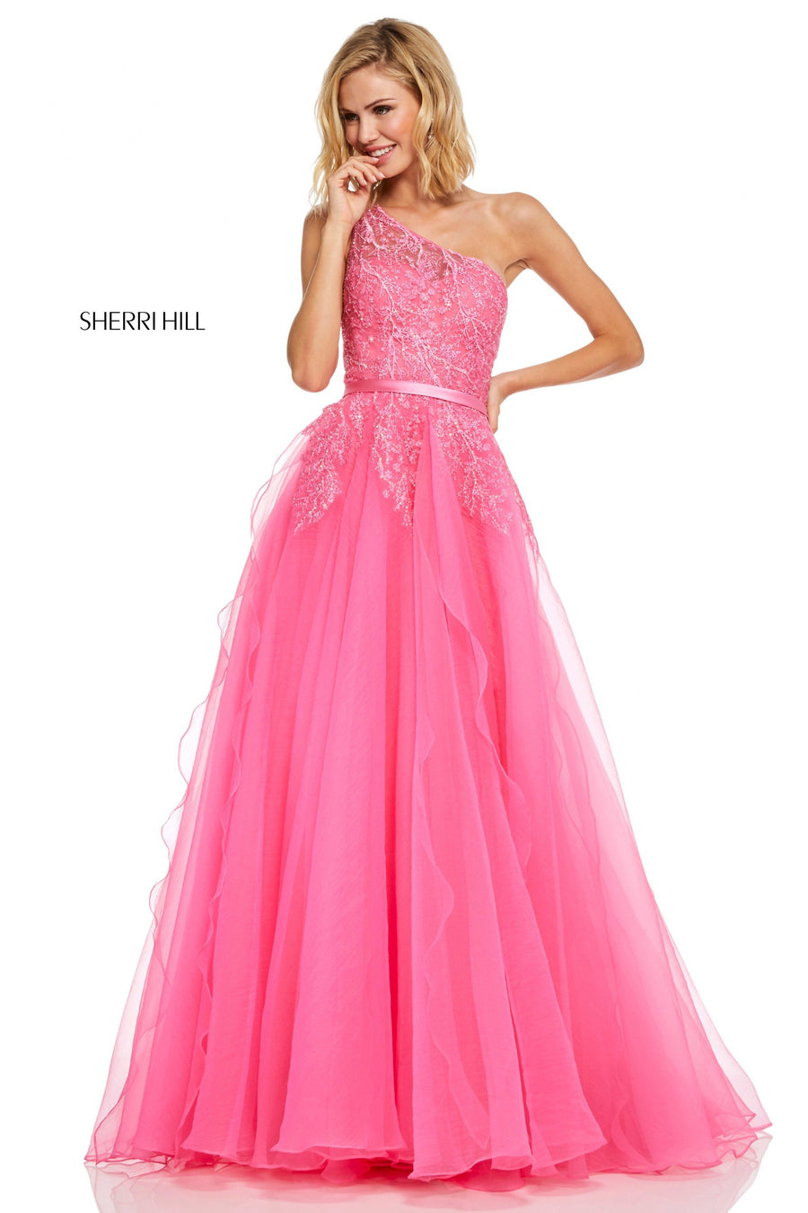 Sherri Hill style 52736 in ivory, One-Shoulder Tulle Ruffled Ball Gown