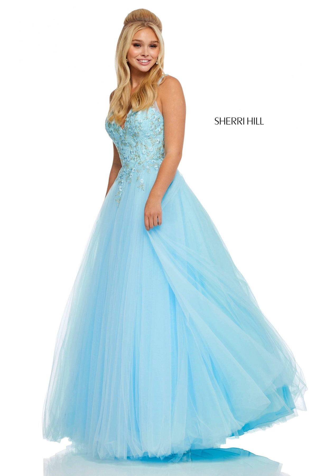 Sherri Hill 52738 tulle V-neck ball gown in light blue