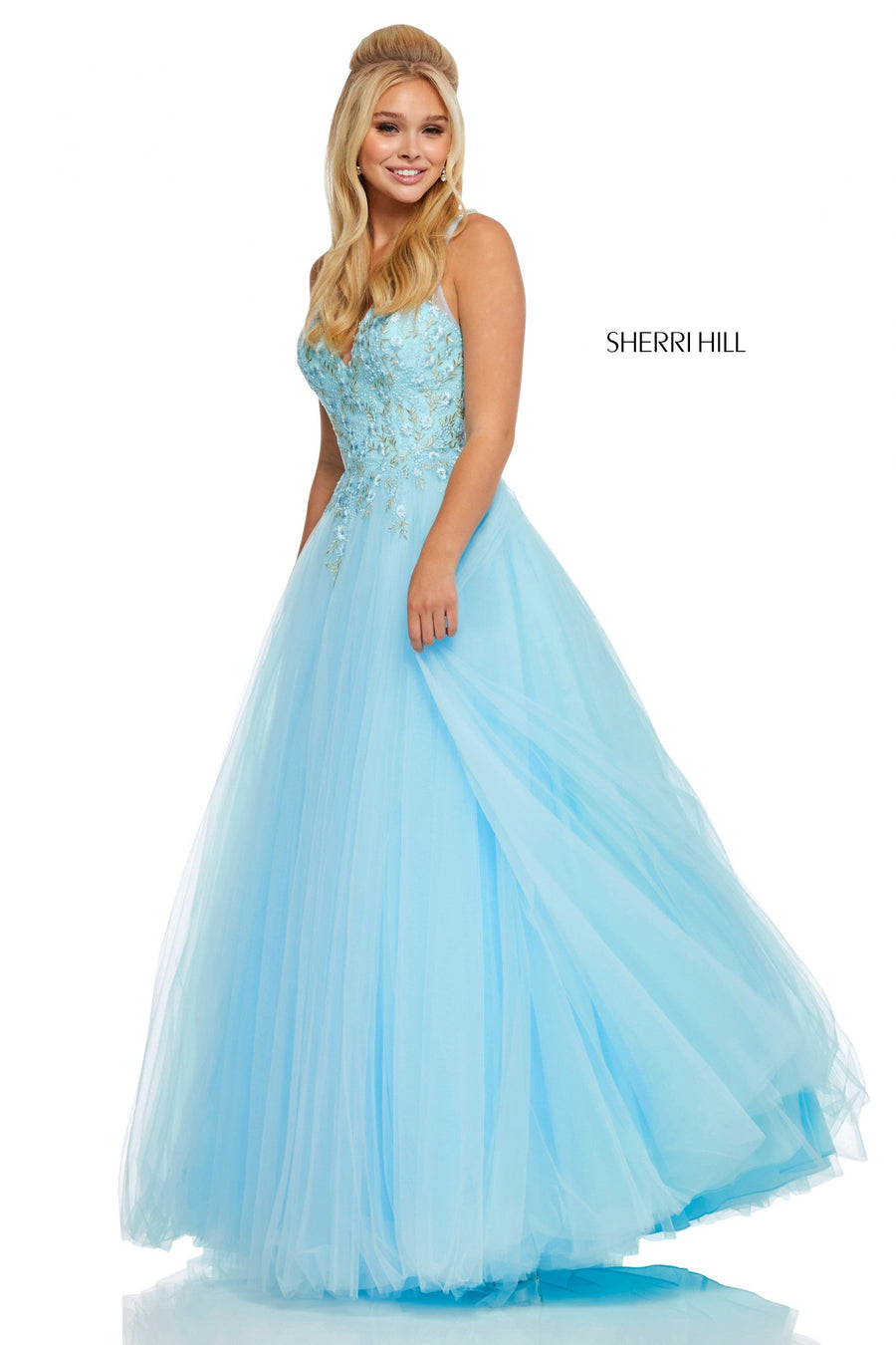 Sherri Hill style 52738 in light blue, Tulle V-Neck Ball Gown