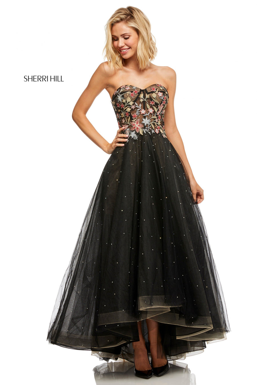Sherri Hill style 52739 in black/multi, Tulle Audrey Length A-Line Gown