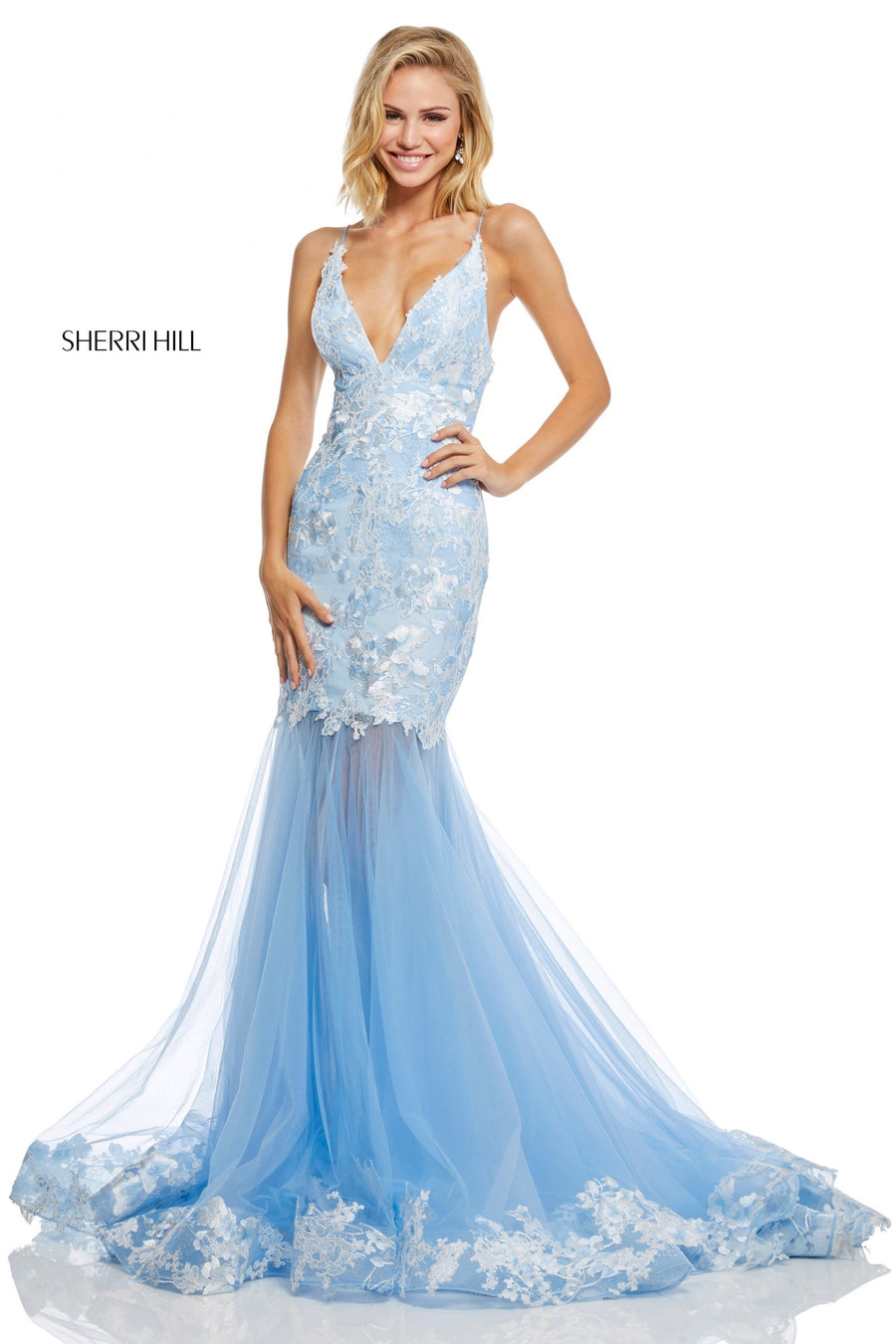 Sherri Hill style 52741 in yellow, Lace and Tulle Mermaid Gown