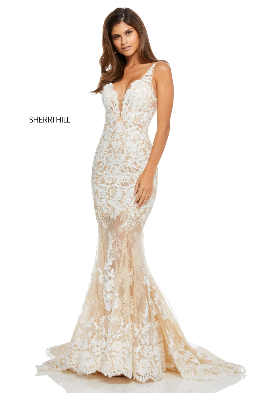 Sherri Hill style 52743 in ivory, Lace Mermaid Dress with Plunging Neckline