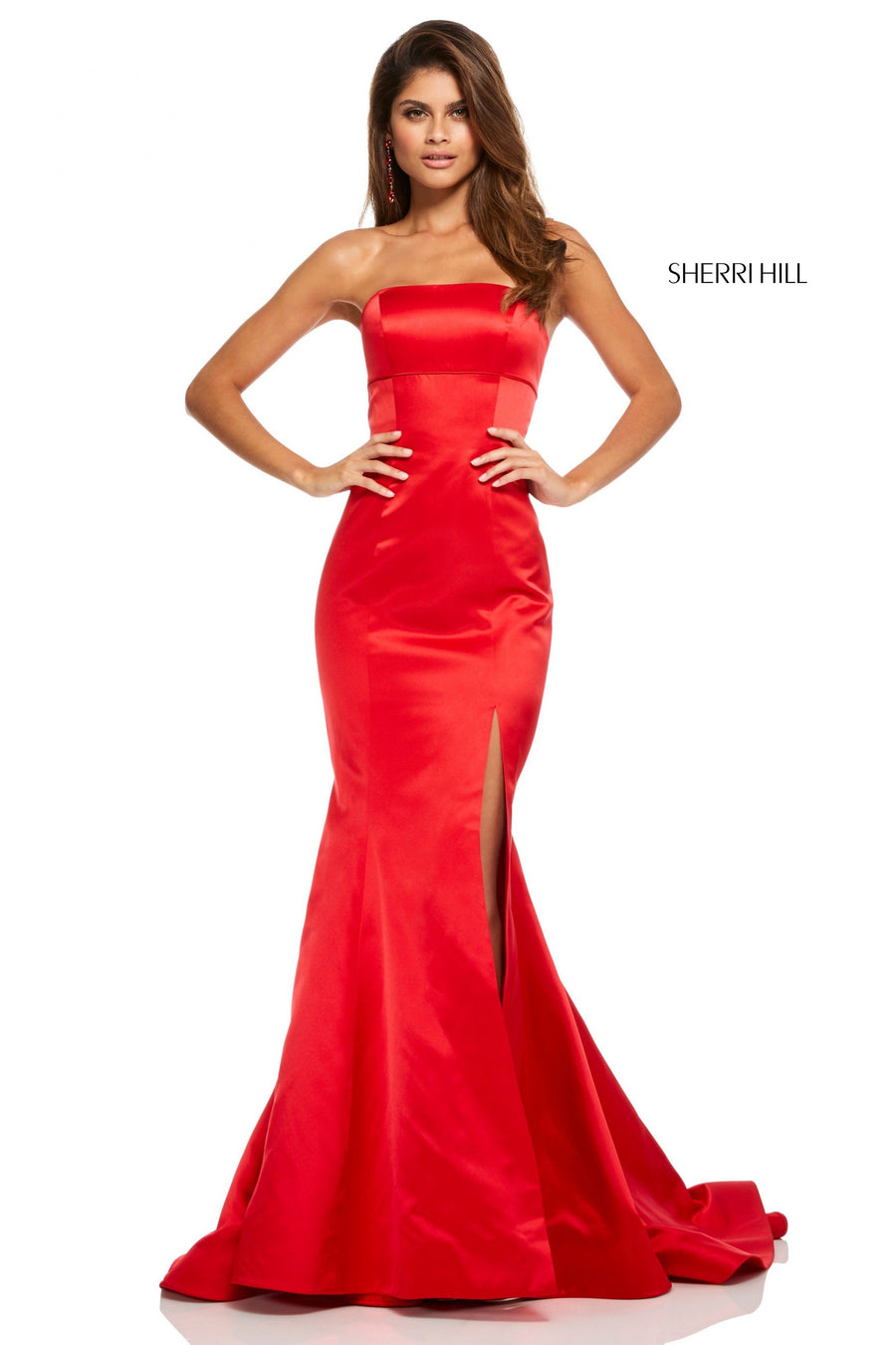 Sherri Hill style 52753 in red, Strapless Satin Mermaid Skirt Slit