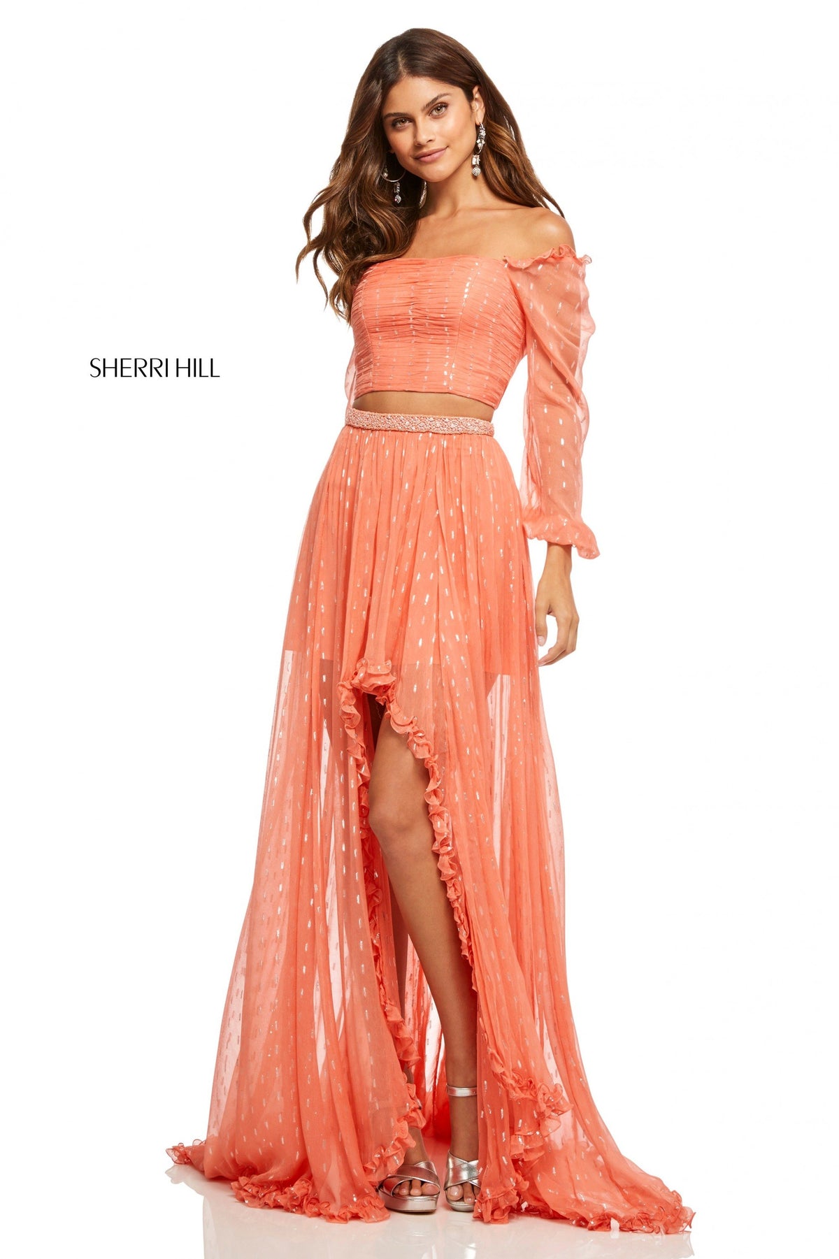 Sherri Hill 52756 ruched chiffon off-the-shoulder top in orange