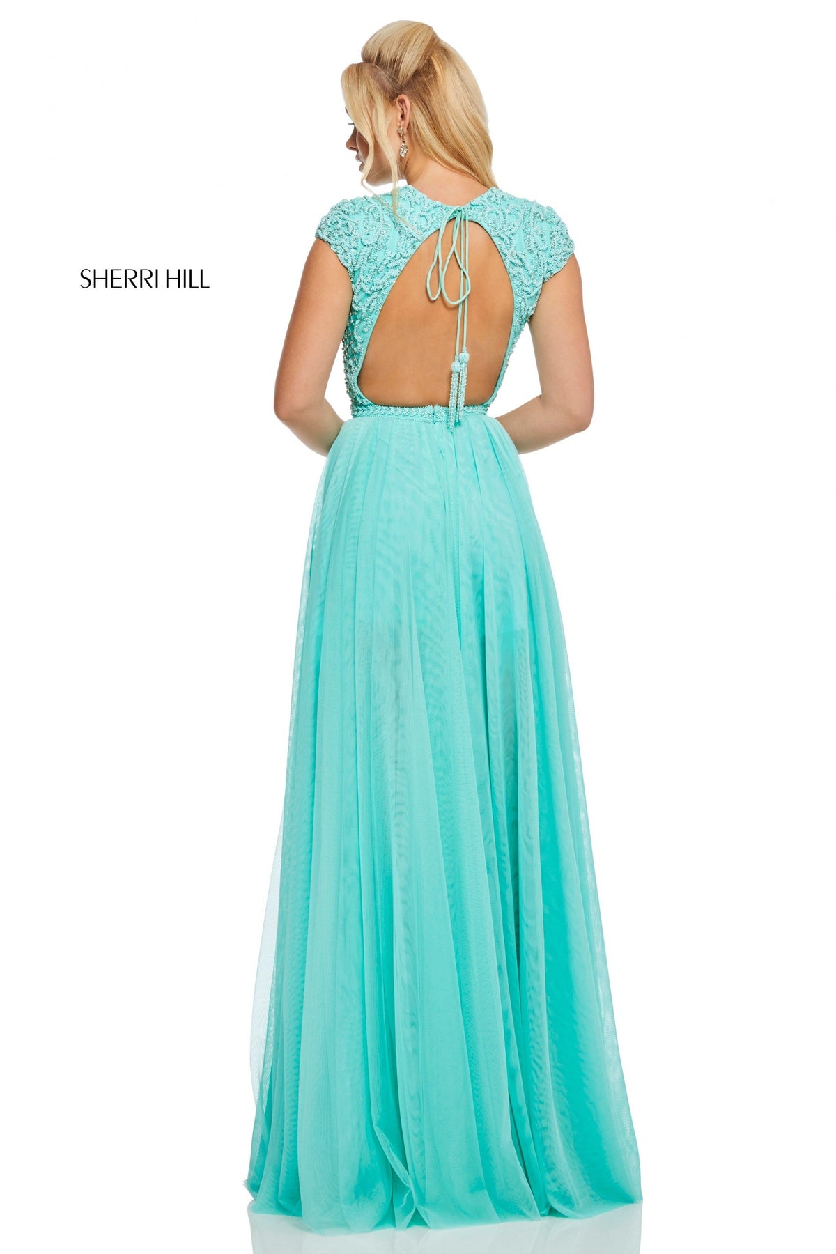 Sherri Hill 52801 chiffon gown with beaded cap sleeve bodice