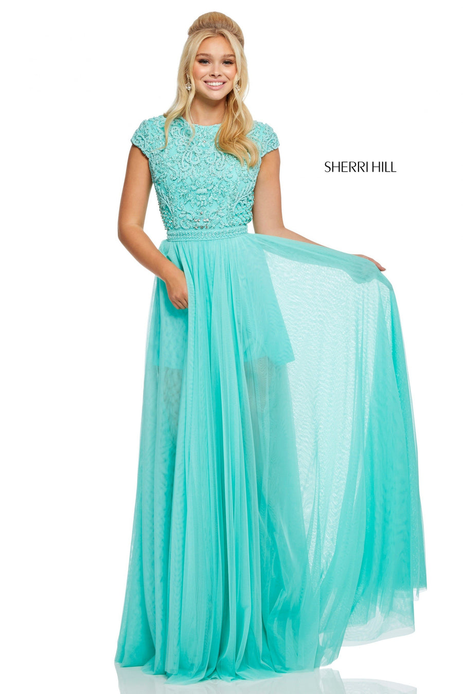 Sherri Hill style 52801 in black, Chiffon Gown with Beaded Cap Sleeve Bodice