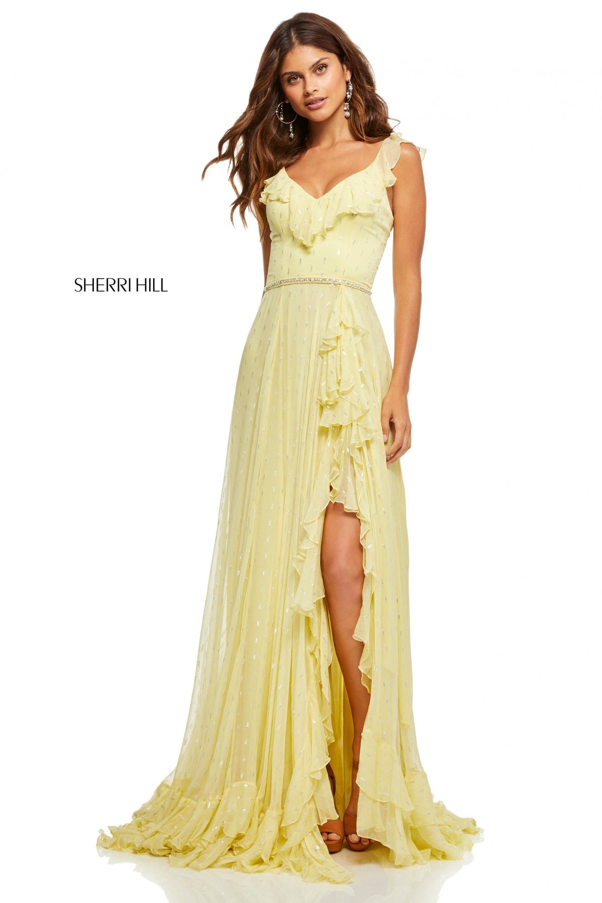 Sherri Hill 52643 chiffon metallic print dress in yellow