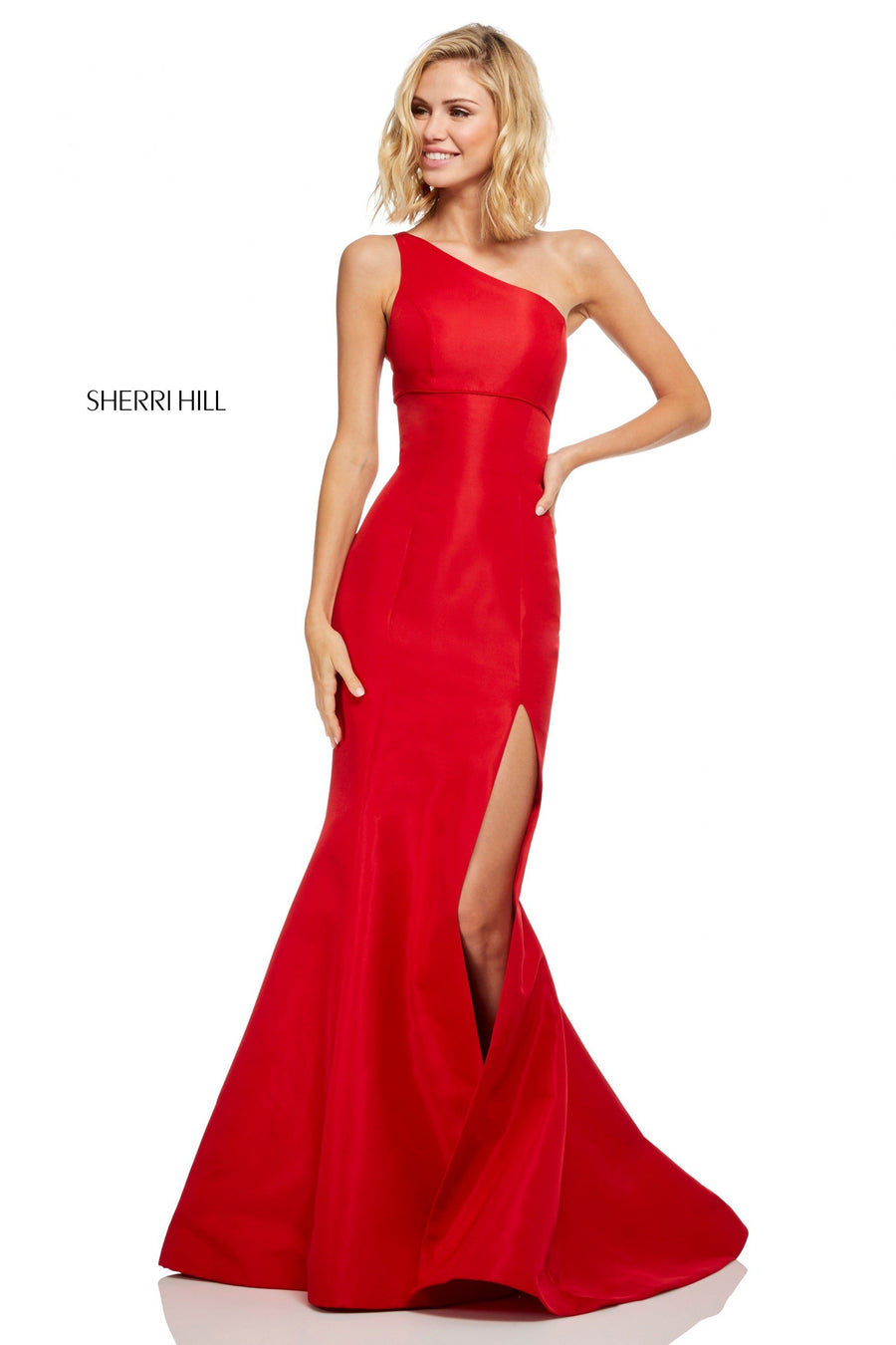 Sherri Hill style 52752 in emerald, One-Shoulder Taffeta Mermaid Gown