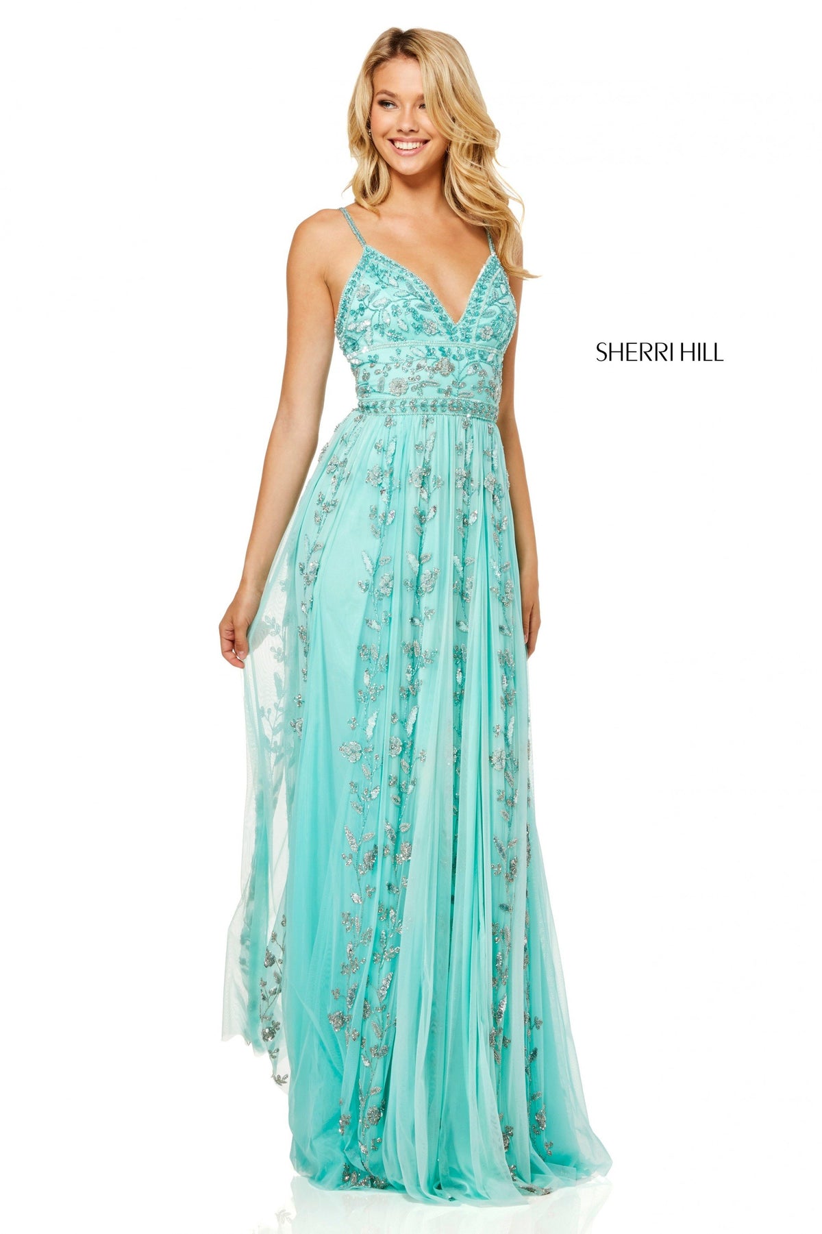 Sherri Hill 52461 chiffon sheath dress with deep-V-neckline in aqua
