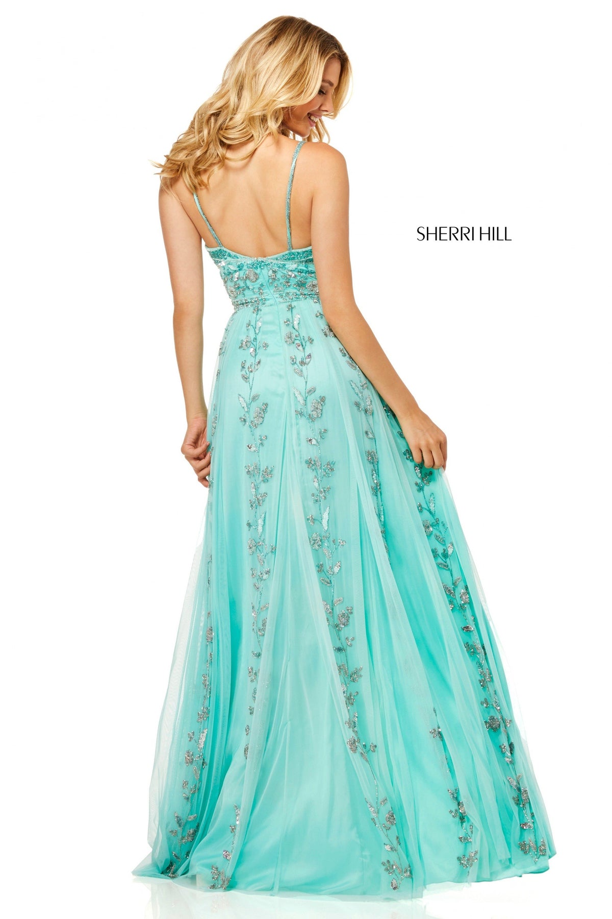 Sherri Hill 52461 chiffon sheath dress with deep-V-neckline