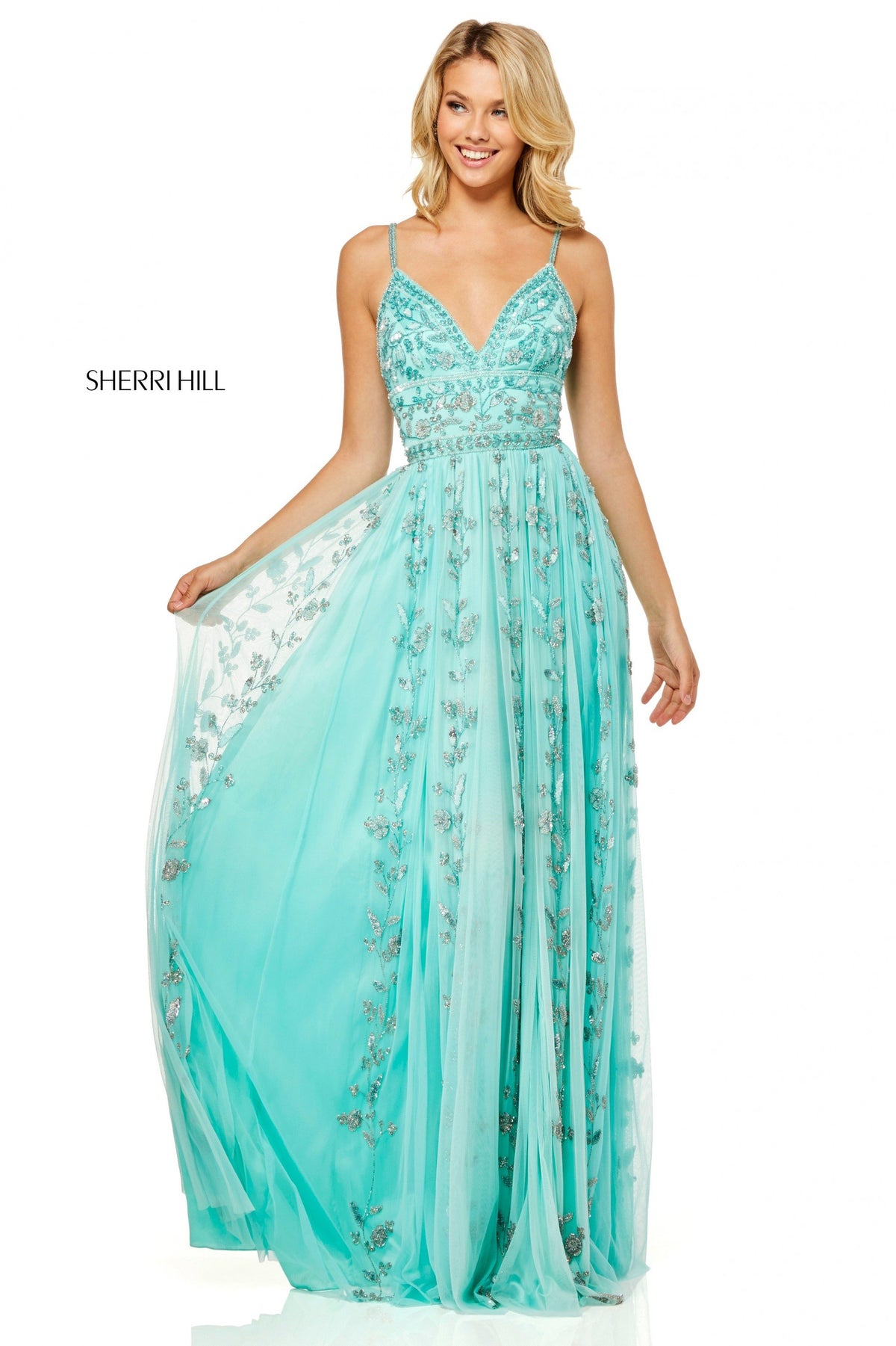 Sherri Hill 52461 chiffon sheath dress with deep-V-neckline