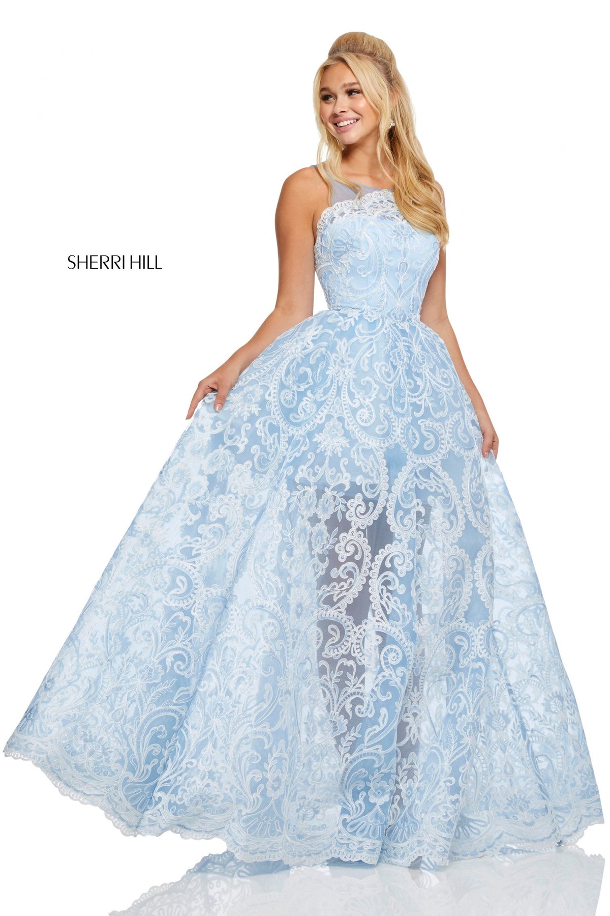Sherri Hill 52758 lace and organza ball gown in light blue/ivory