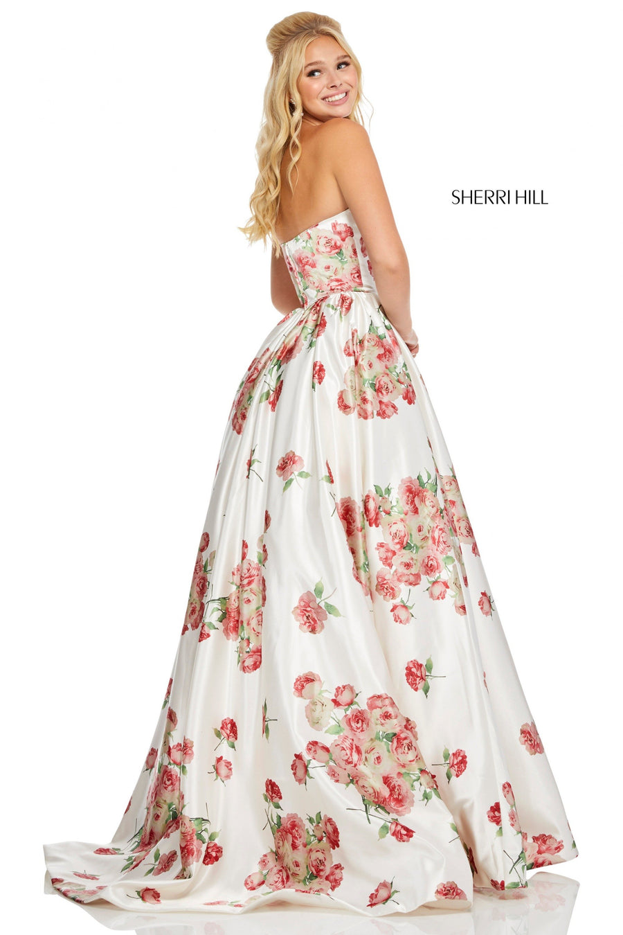 Sherri Hill style 52867 in ivory/red print, Strapless Satin Ball Gown in a Floral