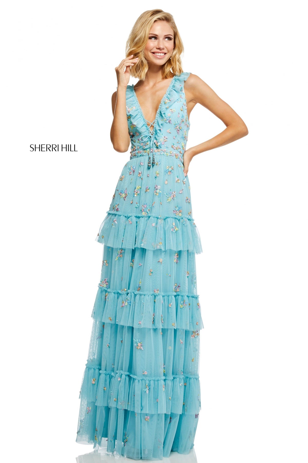 Sherri Hill 52884 bohemian gown in light blue