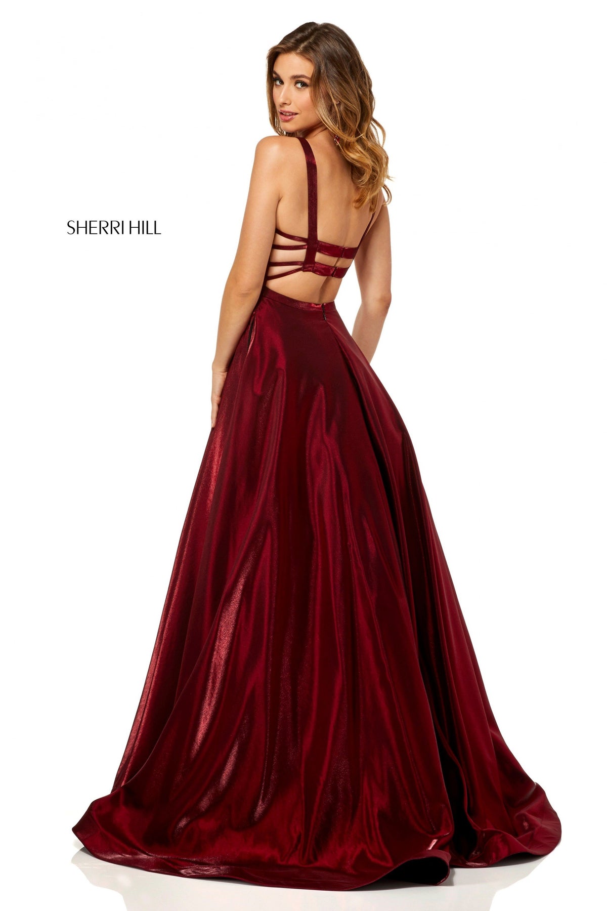 Sherri Hill 52457 cross dyed shimmer A-line gown in wine