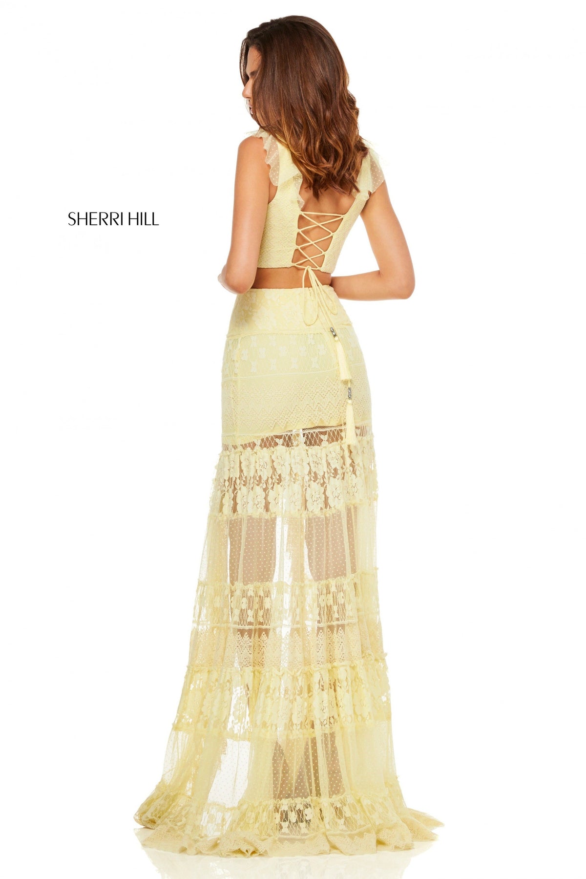 Sherri Hill 52472 lace two-piece ruffle crop top